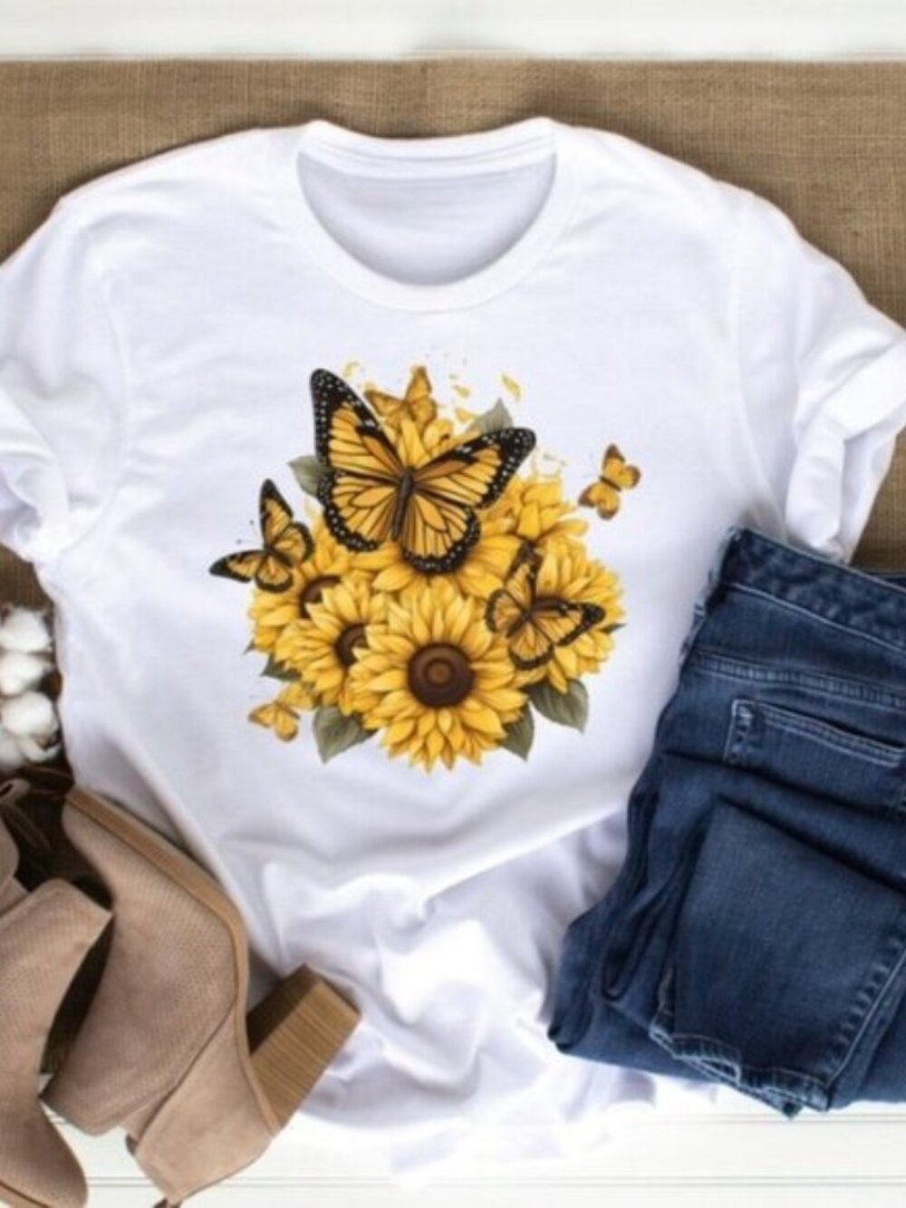 Sunflower Shirt, Sunflower Butterfly Design Botanical Shirt, Summer Shirt